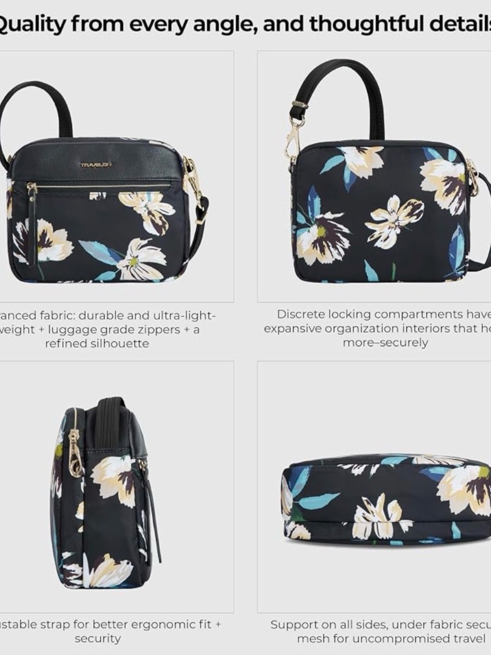 Travelon Black Floral Crossbody with Gold Logo - Picture 9 of 11